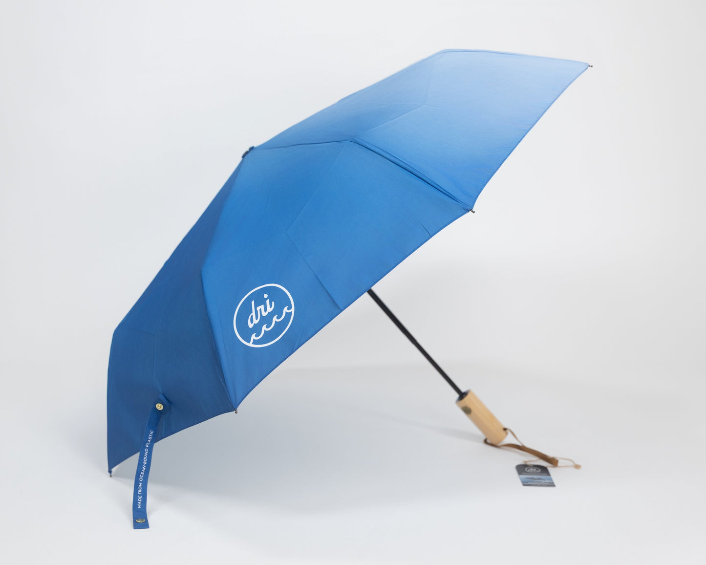 Blue umbrella with a brand logo on a white background