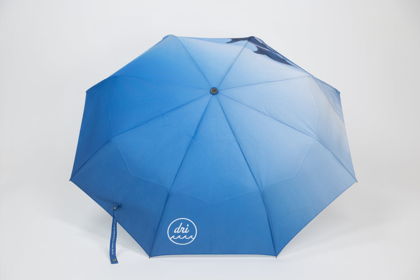 Blue umbrella with a brand logo on a white background