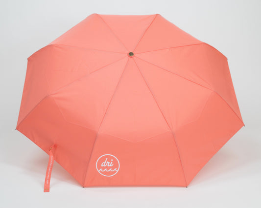 Coral umbrella with a brand logo on a white background