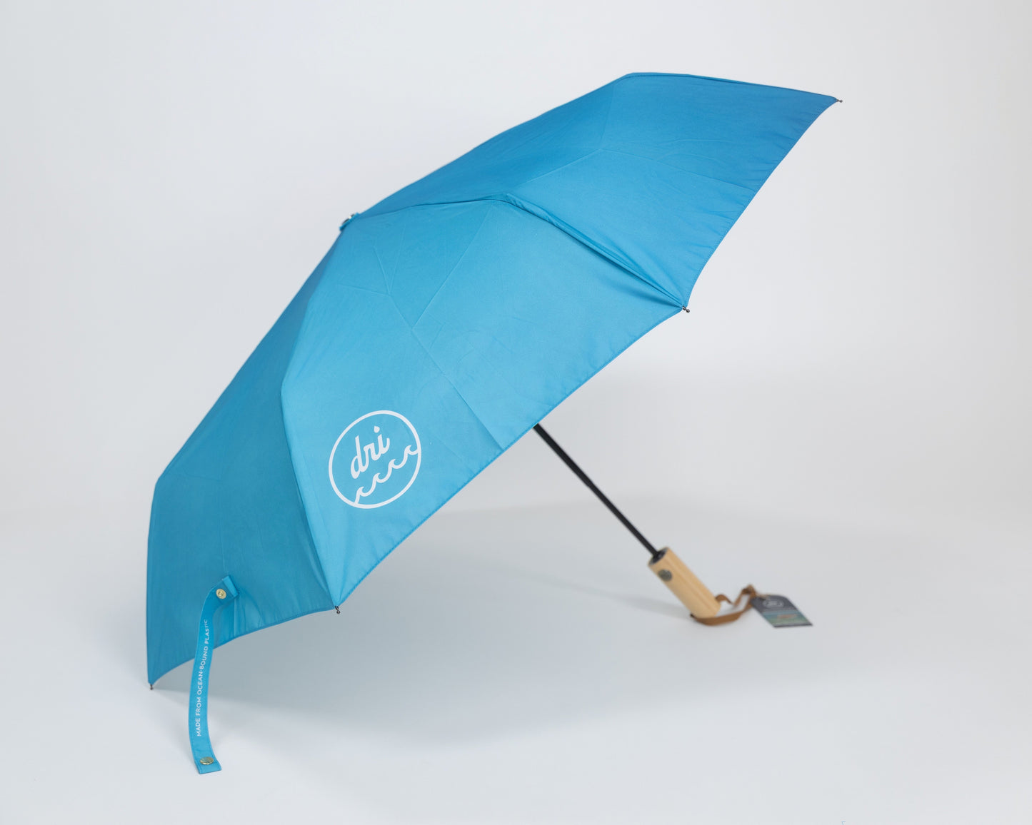 Blue umbrella with a brand logo on a white background