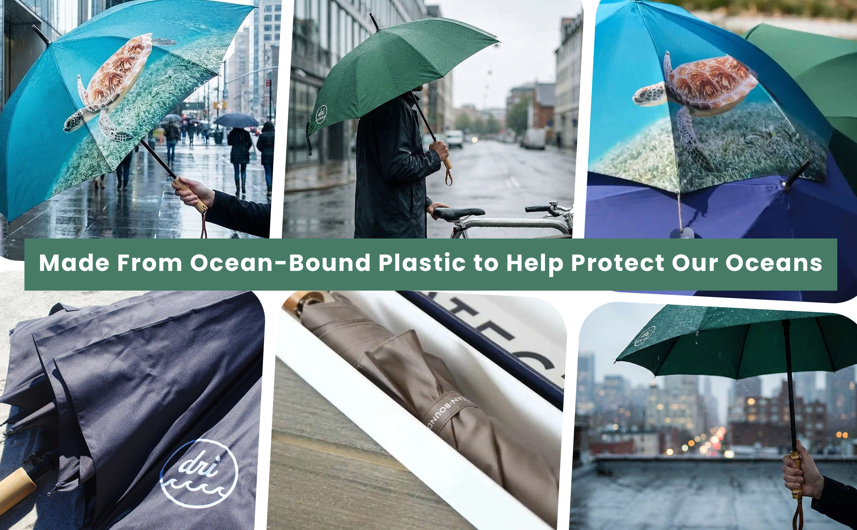 Collage of umbrellas with ocean-themed designs and text about ocean-bound plastic use.