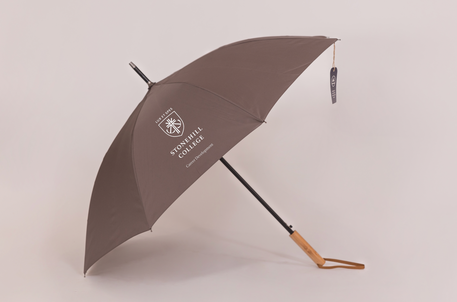 gray  umbrella with a logo on a light gray background